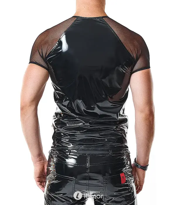 * RFP RFP PVC shirt zwart met mesh mouwen en stretch pasvorm