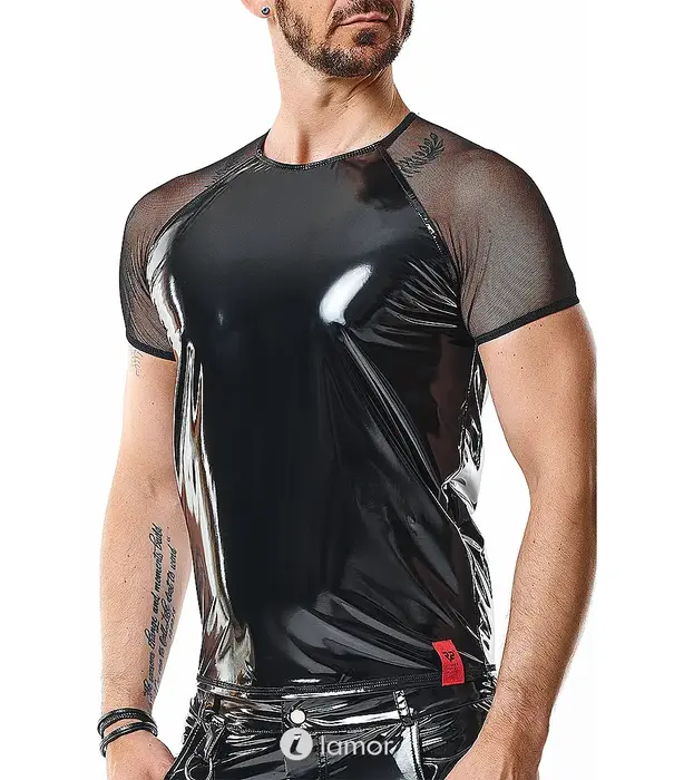 * RFP RFP PVC shirt zwart met mesh mouwen en stretch pasvorm