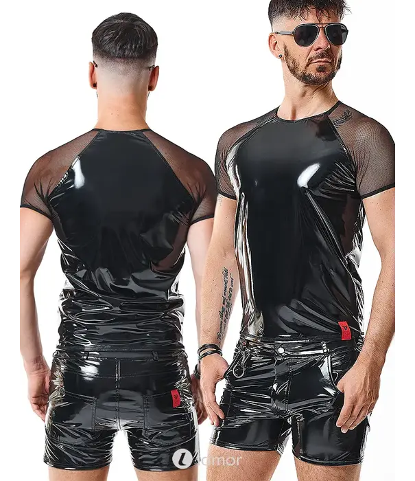 * RFP RFP PVC shirt zwart met mesh mouwen en stretch pasvorm