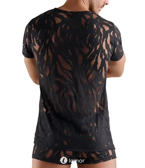 * SVENJOYMENT Svenjoyment transparant heren shirt burnout look zwart stretch