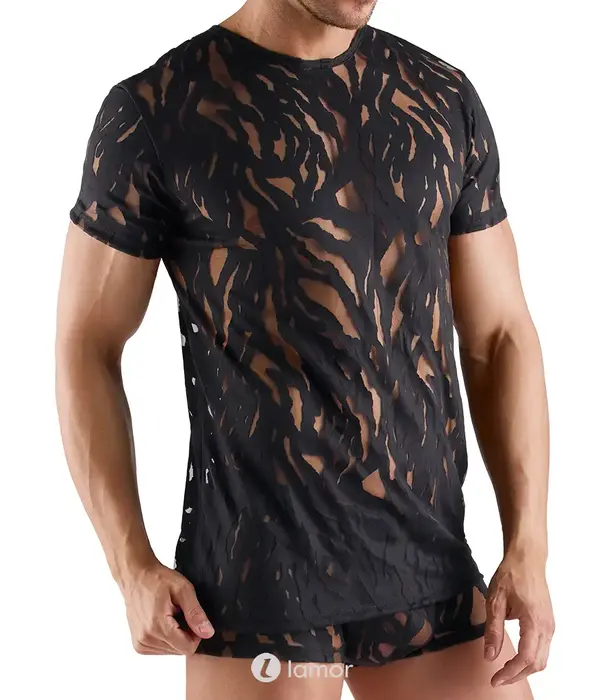 * SVENJOYMENT Svenjoyment transparant heren shirt burnout look zwart stretch