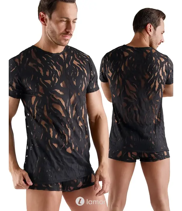 * SVENJOYMENT Svenjoyment transparant heren shirt burnout look zwart stretch