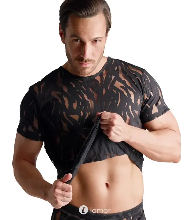 * SVENJOYMENT Svenjoyment transparant heren shirt burnout look zwart stretch