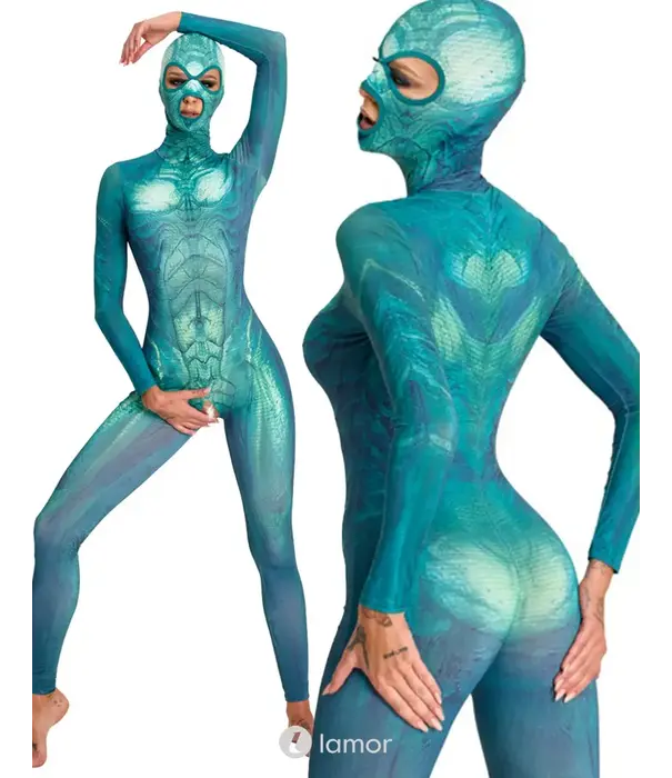 * COTTELLI  Beasty Suits reptiel catsuit met aangehecht masker groen-blauw