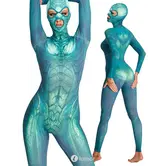 Beasty Suits reptiel catsuit met aangehecht masker groen-blauw