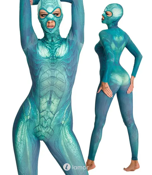 * COTTELLI  Beasty Suits reptiel catsuit met aangehecht masker groen-blauw