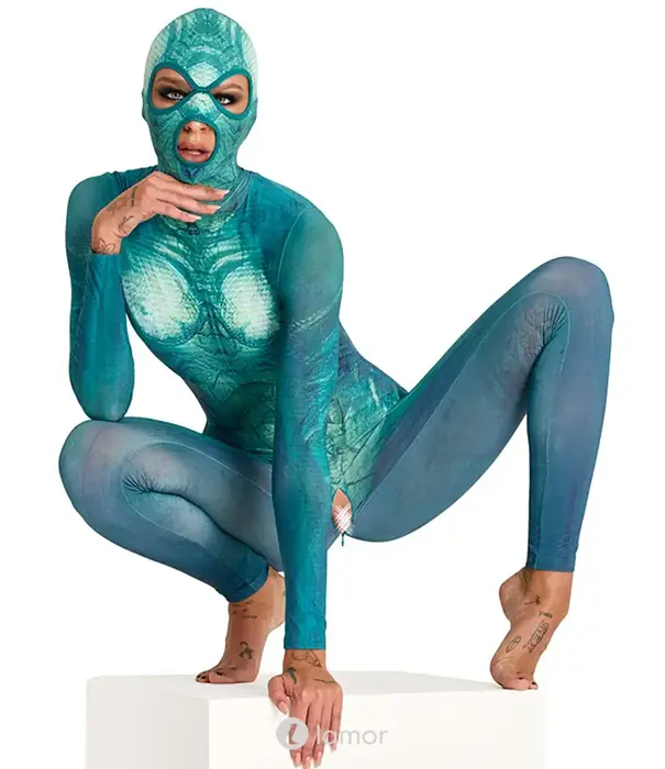 * COTTELLI  Beasty Suits reptiel catsuit met aangehecht masker groen-blauw