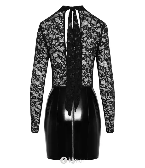 * BLACK LEVEL Black Level lak mini jurk met kant top en 2-weg rits zwart