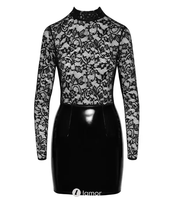 * BLACK LEVEL Black Level lak mini jurk met kant top en 2-weg rits zwart