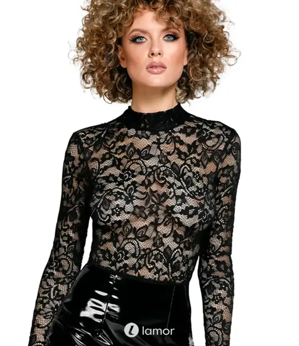 * BLACK LEVEL Black Level lak mini jurk met kant top en 2-weg rits zwart