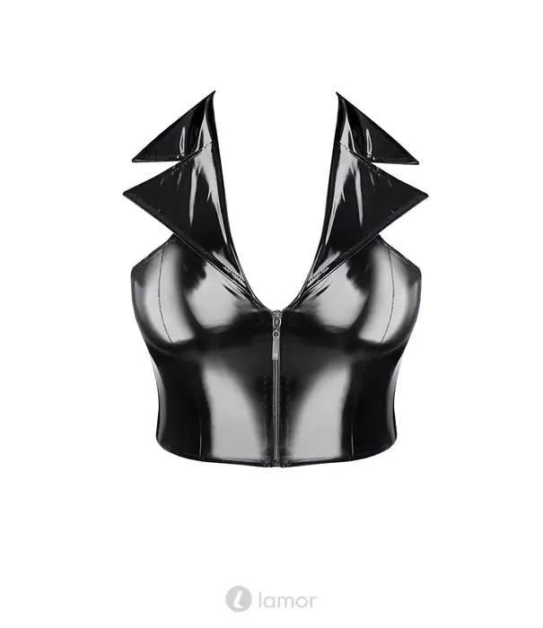 * DEMONIQ Demoniq lak dames top met rits en diep decolleté zwart TDMelania001