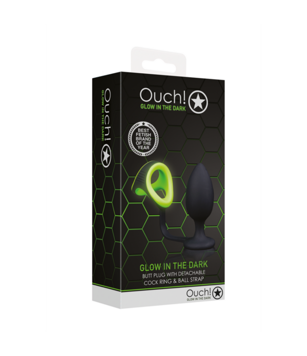 Ouch! by Shots Buttplug met Cockring  Ball Strap - Glow in the Dark