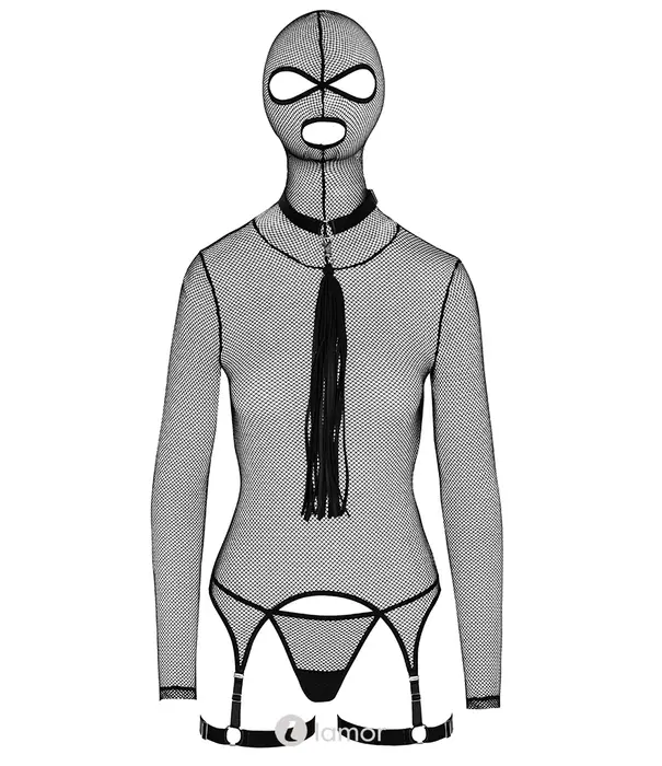 * Bad Kitty Zwart jarretelkorset met masker en flogger – Bad Kitty