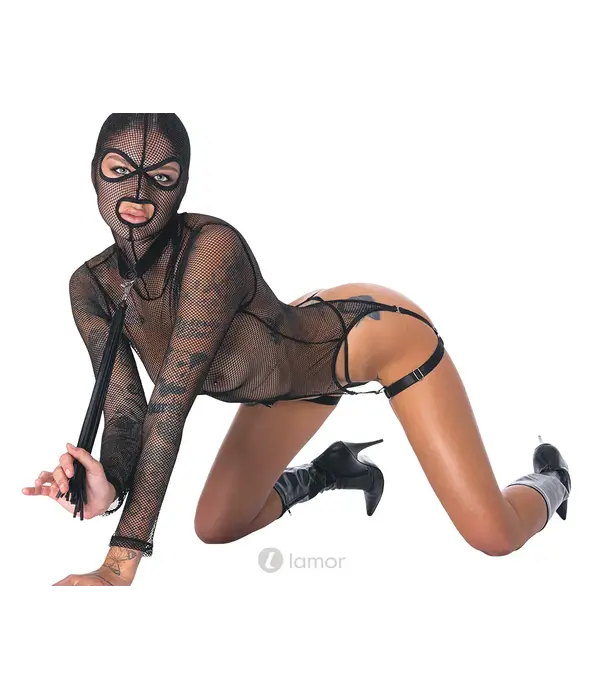 * Bad Kitty Zwart jarretelkorset met masker en flogger – Bad Kitty