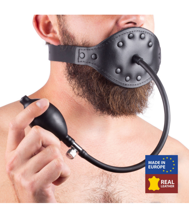 Red Leather Leren Gag met Opblaasbare Bal - Zwart