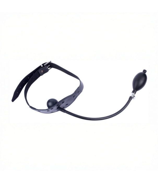 Red Leather Leren Gag met Opblaasbare Bal - Zwart