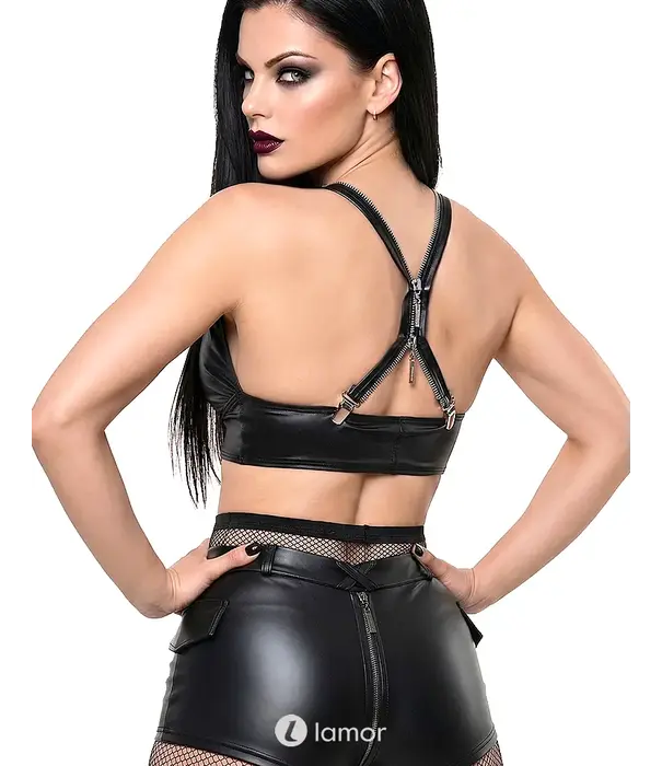 * DEMONIQ Demoniq wetlook top met rits en afneembare straps zwart