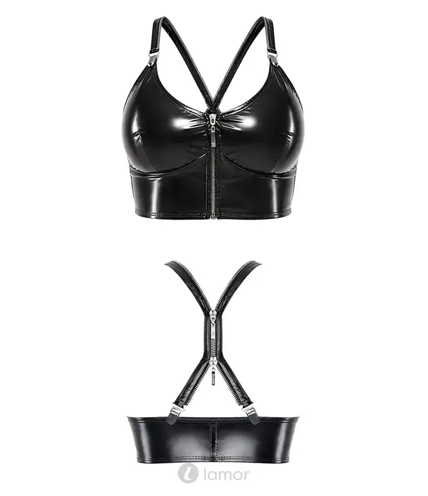 * DEMONIQ Demoniq wetlook top met rits en afneembare straps zwart