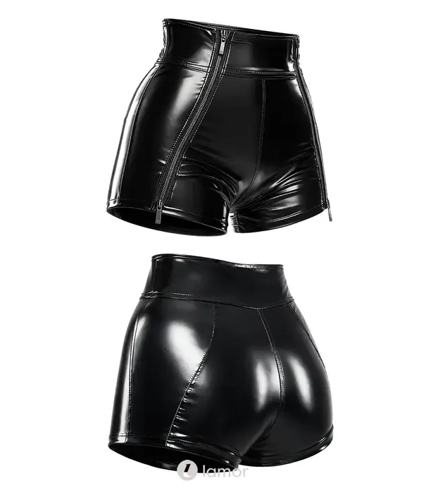 * DEMONIQ Demoniq wetlook short met 2-way rits en hoge taille zwart