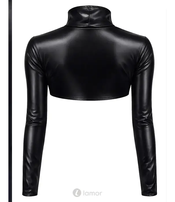 * DEMONIQ Demoniq cropped wetlook jack met rits en hoge kraag zwart