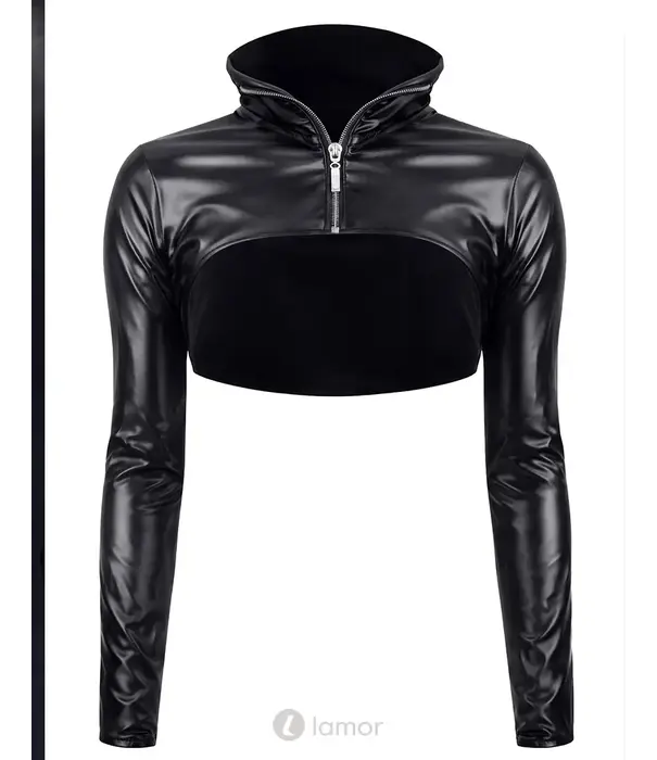 * DEMONIQ Demoniq cropped wetlook jack met rits en hoge kraag zwart