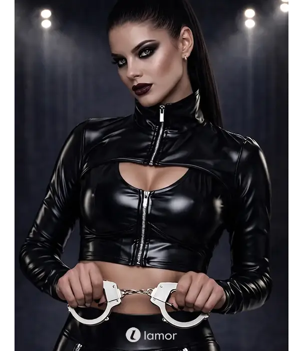 * DEMONIQ Demoniq cropped wetlook jack met rits en hoge kraag zwart
