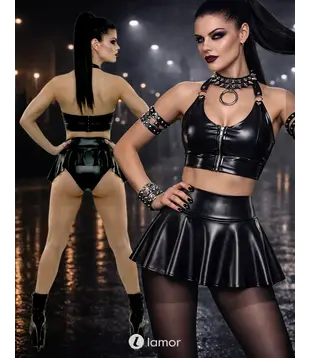 Wetlook minirok zwart met rits, Elia