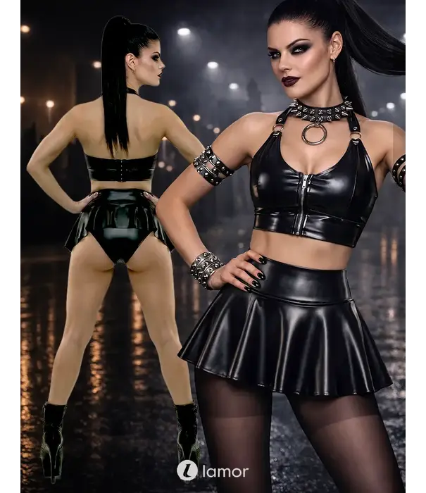 * DEMONIQ Demoniq wetlook minirok met asymmetrische lengte zwart