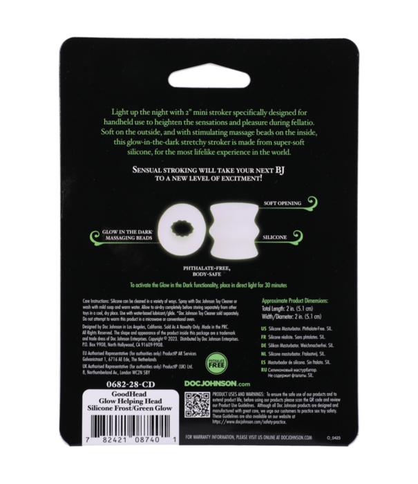Doc Johnson Glow Helping Head Silicone - Masturbator Sleeve - Frost / Green Glow