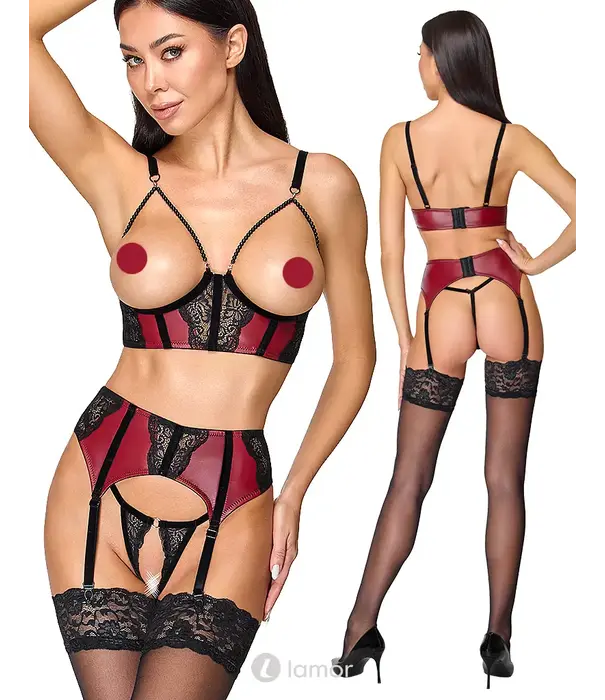 * COTTELLI  Cottelli Lingerie 3-Delig Jarretel Set Met Lift-Up BH CC2215721