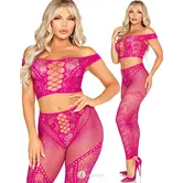 Leg Avenue Off Shoulder Crop Top En Legging Set Met Kant En Fishnet Roze