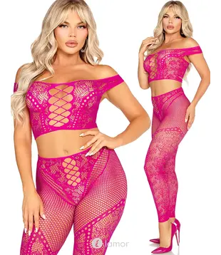 Leg Avenue Off Shoulder Crop Top & Legging Set Roze