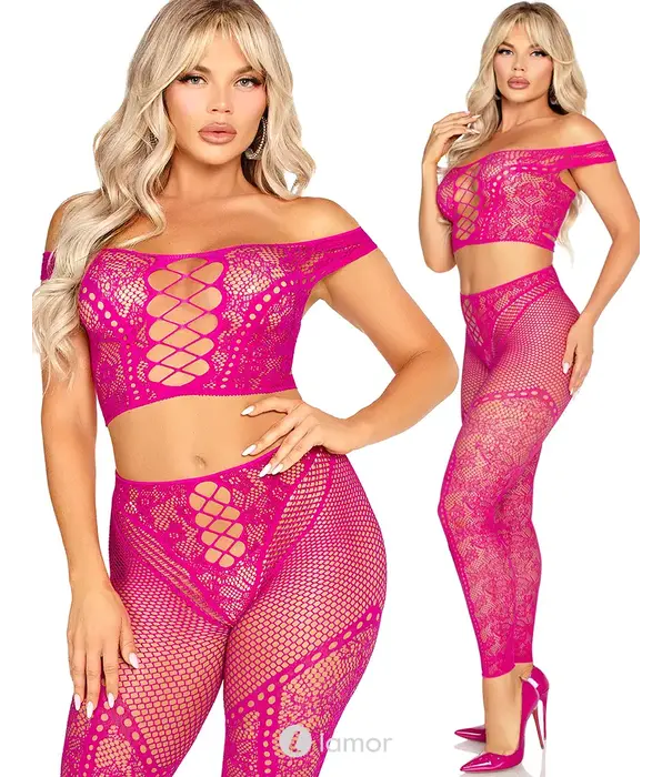 * LEG AVENUE Leg Avenue Off Shoulder Crop Top En Legging Set Met Kant En Fishnet Roze