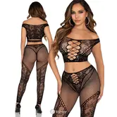 Leg Avenue Off Shoulder Crop Top En Legging Set Met Kant En Fishnet Zwart