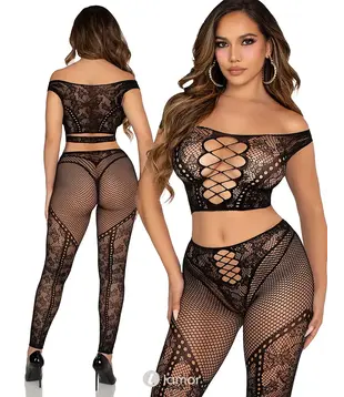 Leg Avenue Off Shoulder Crop Top & Legging Set Zwart