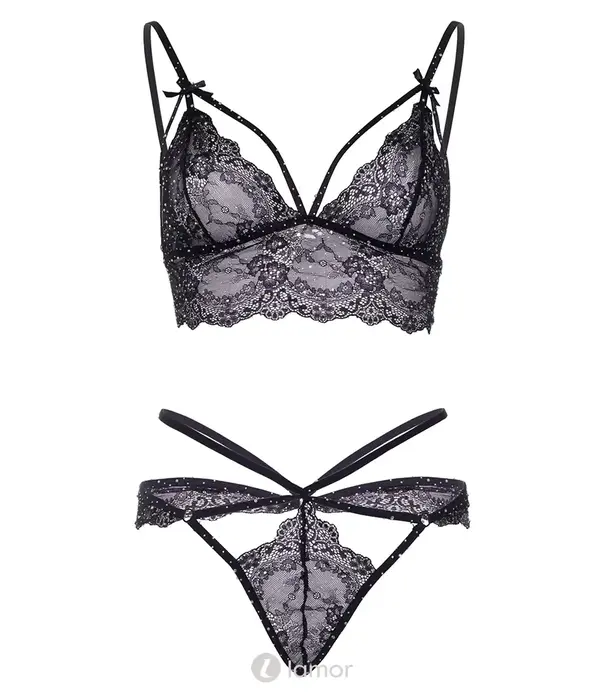 * LEG AVENUE Leg Avenue Strappy Bralette En String Met Strass En Kant Zwart