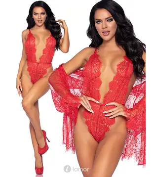 3 Delige Kanten Body Set Met Badjas Rood