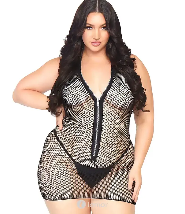 * LEG AVENUE Leg Avenue Plus Visnet Mini Jurk Met Rits Zwart