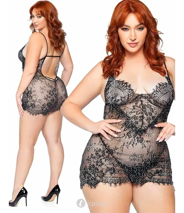 * LEG AVENUE Plus Mini Jurk Met Strass En String Zwart