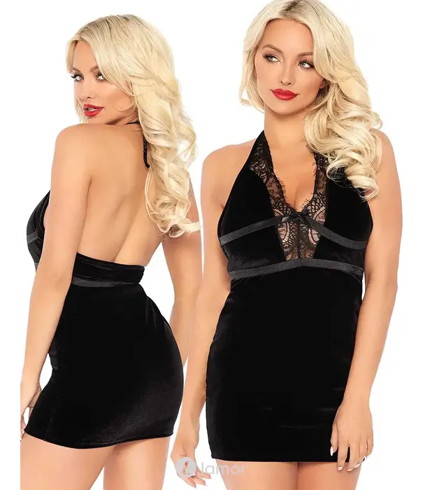 * LEG AVENUE Leg Avenue Fluwelen Halter Mini Jurk Met Open Rug Zwart