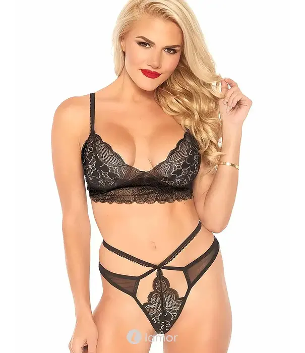 * LEG AVENUE Leg Avenue Sweetheart Bralette En String Van Kant Met Hartmotief Zwart
