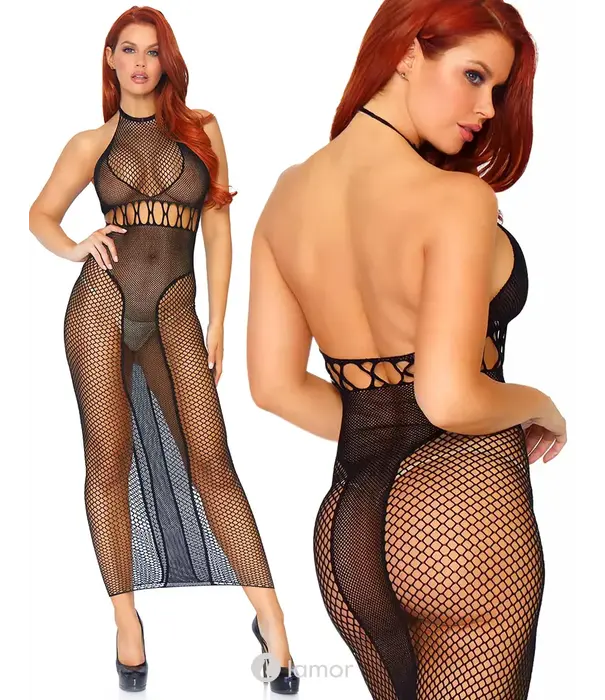 * LEG AVENUE Leg Avenue Halter Netjurk Met Open Rug En Transparant Design Zwart One Size