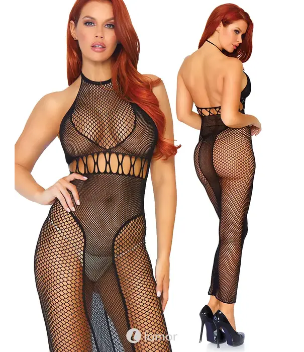 * LEG AVENUE Leg Avenue Halter Netjurk Met Open Rug En Transparant Design Zwart One Size