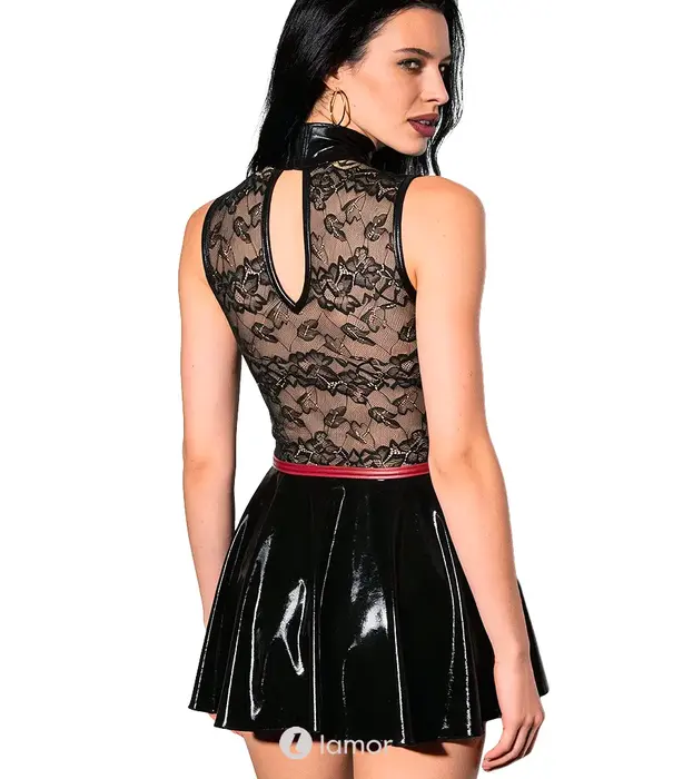 * COTTELLI  Cottelli Party mouwloze wetlook minijurk met kant, corsagelook en uitlopende rok CC-2719509