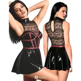 Cottelli Party mouwloze wetlook minijurk met kant, corsagelook en uitlopende rok CC-2719509