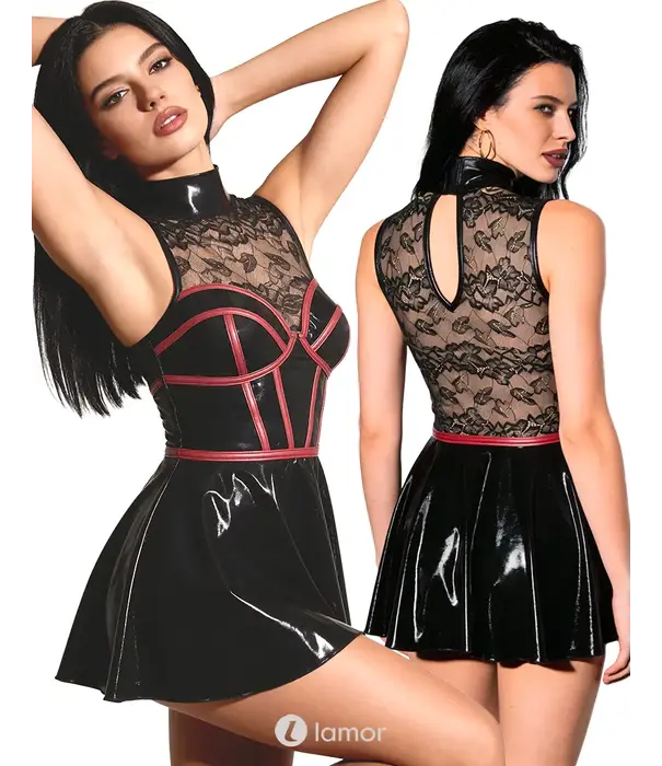 * COTTELLI  Cottelli Party mouwloze wetlook minijurk met kant, corsagelook en uitlopende rok CC-2719509