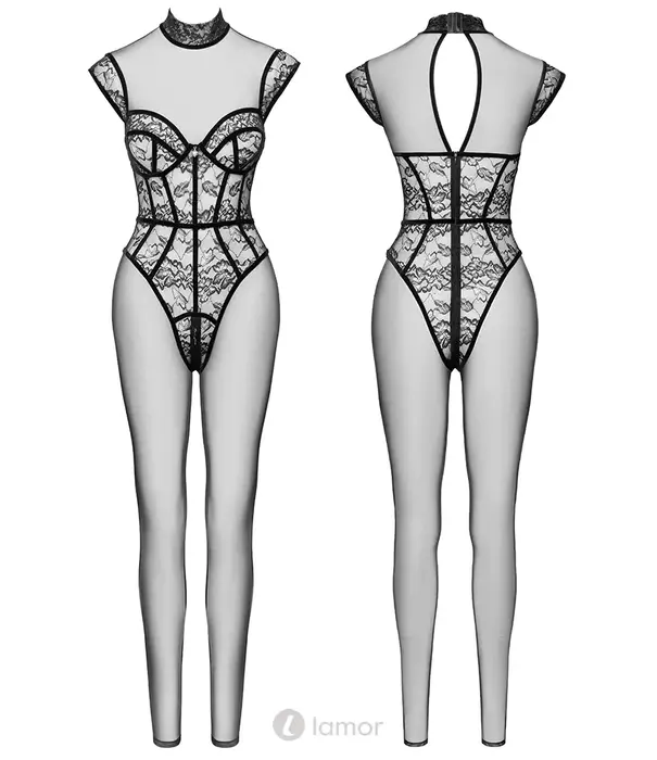 * COTTELLI  Cottelli Party transparante jumpsuit met kantlook lijfje, 3-weg ritssluiting en hartdetail CC-2730898
