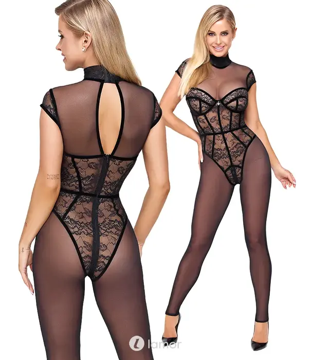 * COTTELLI  Cottelli Party transparante jumpsuit met kantlook lijfje, 3-weg ritssluiting en hartdetail CC-2730898