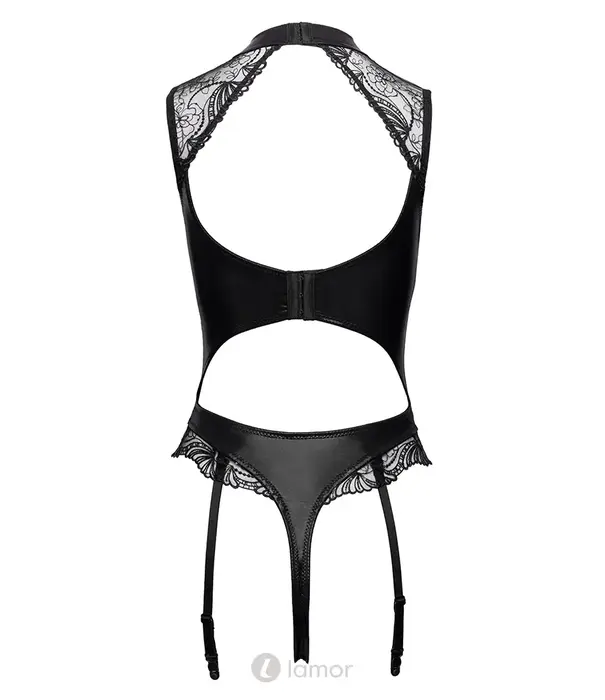 * COTTELLI  Cottelli Lingerie kruisloze jarretel rio body in wetlook met pailletten en geborduurde tule CC-2645157