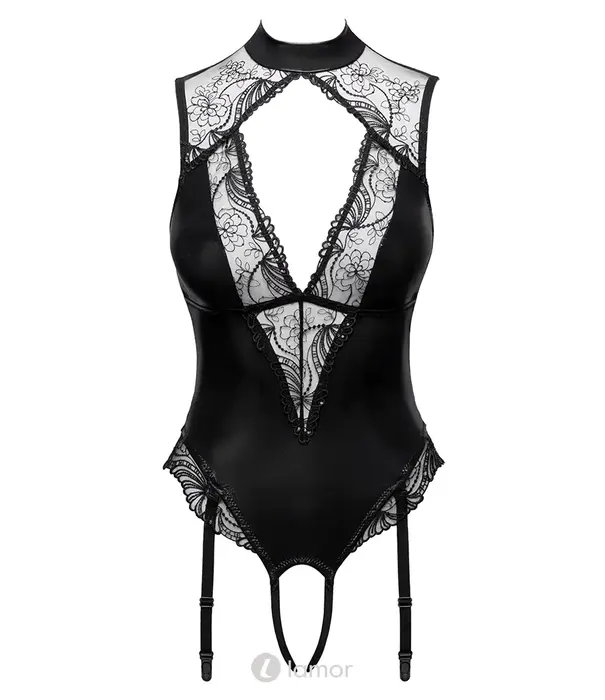 * COTTELLI  Cottelli Lingerie kruisloze jarretel rio body in wetlook met pailletten en geborduurde tule CC-2645157